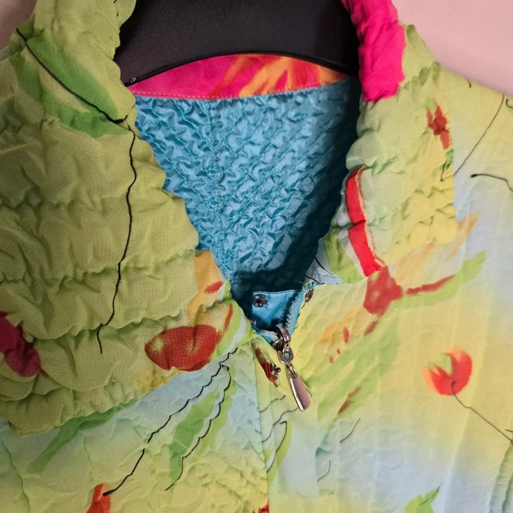 UBU Reversible Y2K Crinkle Jacket Womens Medium Green Pink Blue Zip Front - Picture 3 of 12